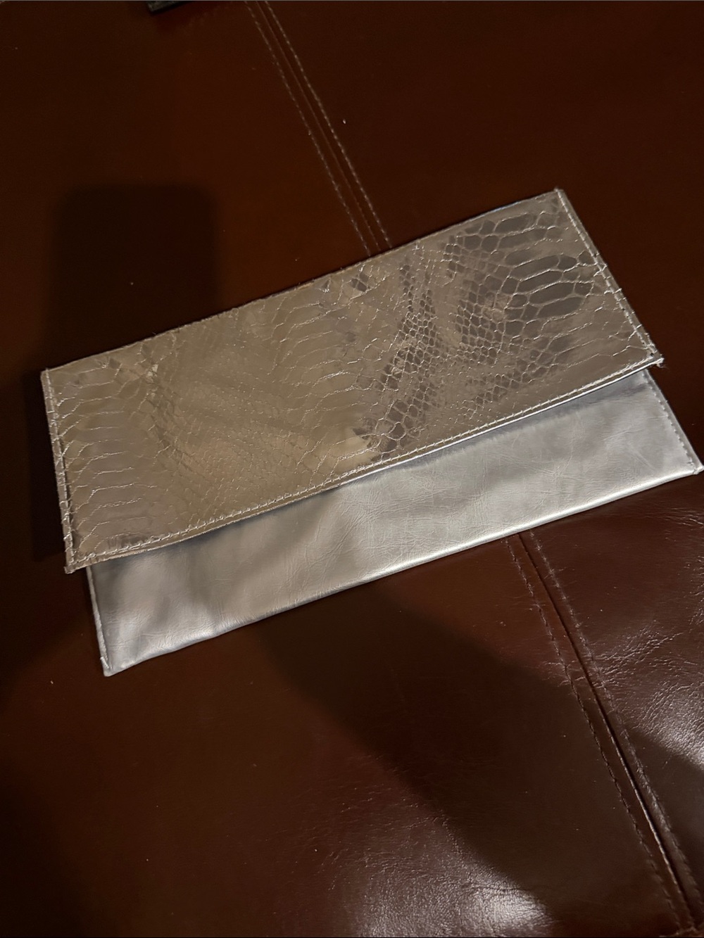 NEW Saks Fifth Avenue Silver  Metallic Fold-Over Clutch Bag